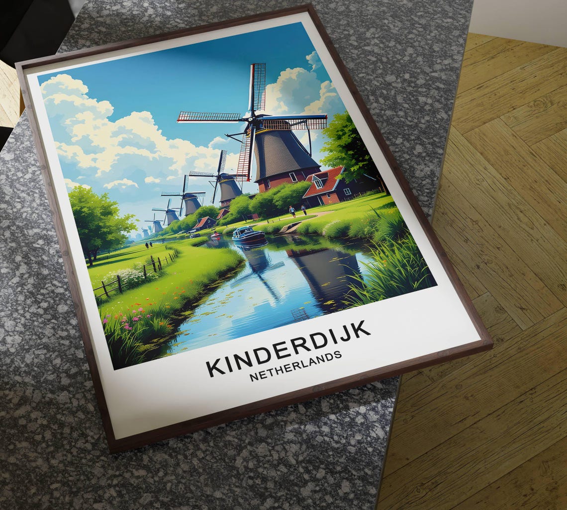 Kinderdijk Netherlands Travel Poster Iconic Windmills And Scenic Landscape Wall Art Poster For Gift - Image 3