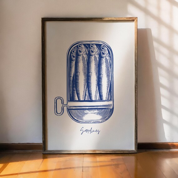 Sardines Print Blue Wall Art Sardine Tin Vintage Poster Retro Sardine Wall Art Fish Print Wall Art Kitchen Art Vintage Print