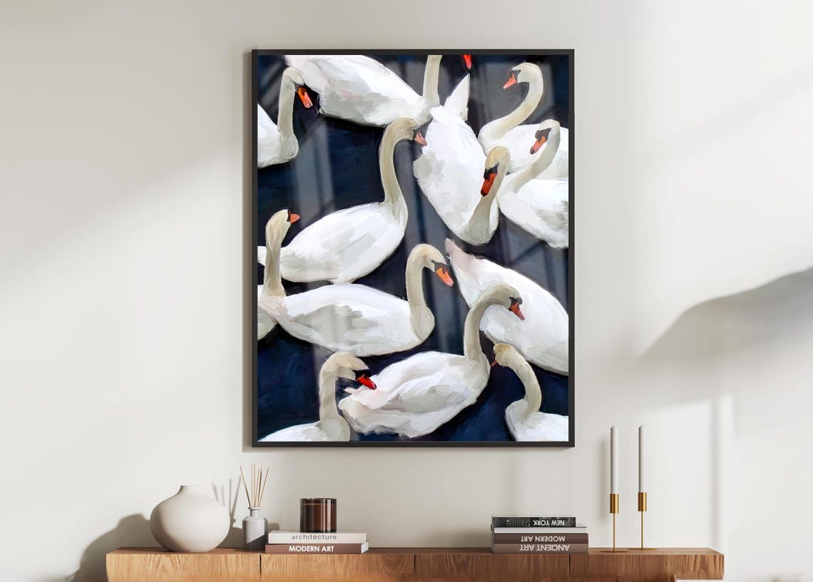 White Swans Dark Navy Water Painterly Bird Elegance Scene Poster