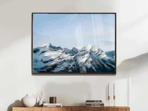 Winter Mountain Painting, Snowcapped Peaks Art Print