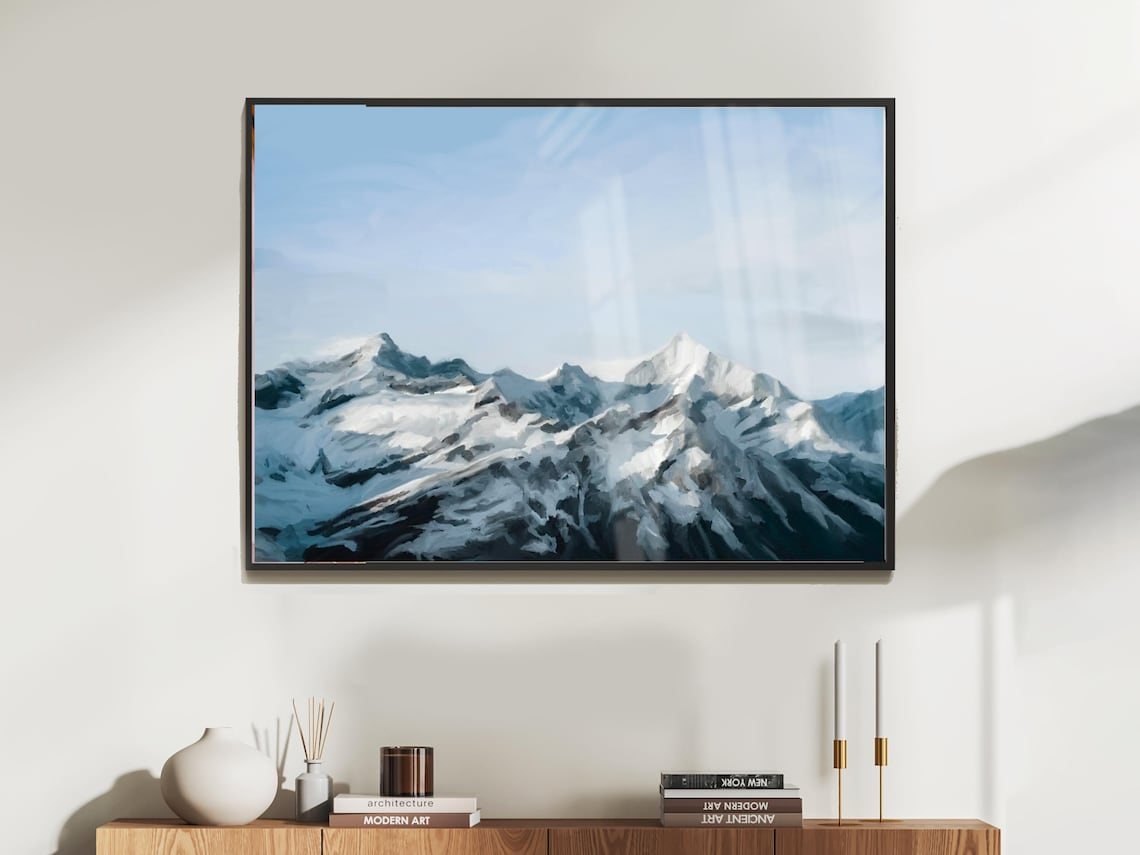 Winter Mountain Painting, Snowcapped Peaks Art Print
