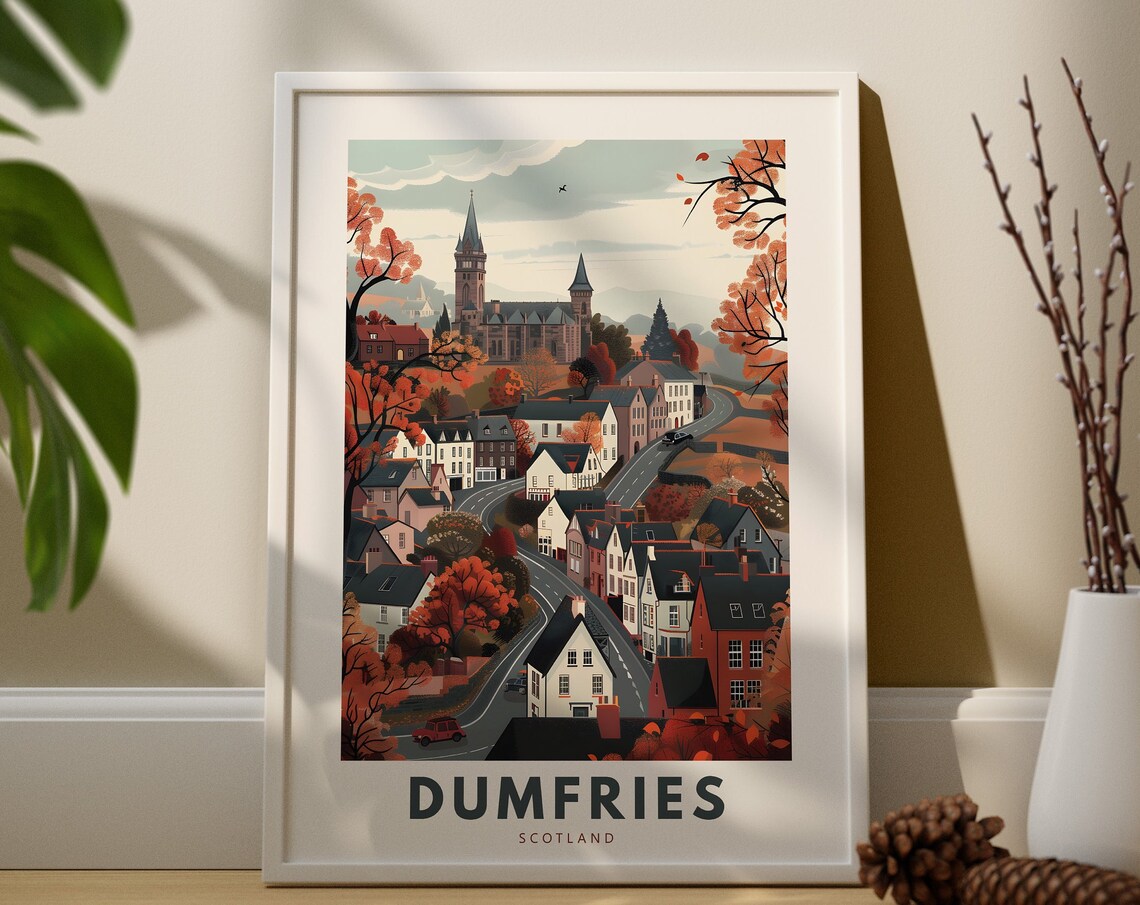 Dumfries Scotland Autumn Town Church Spires Vintage Travel Poster