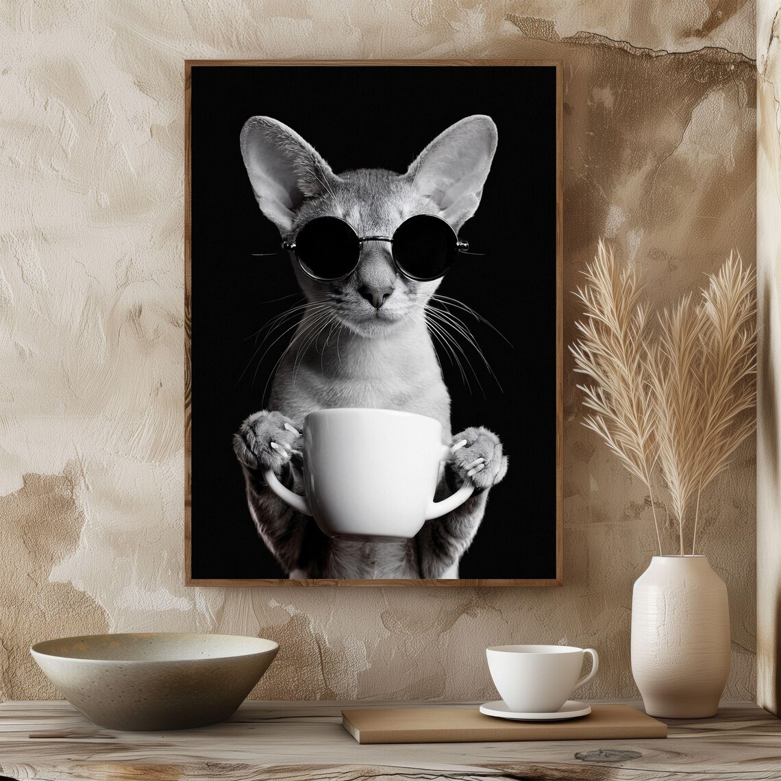 Cat Drinking Coffee, Vintage Coffee Lover Poster