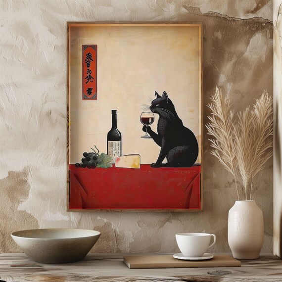 Black Cat Wine Art, Retro Kitchen Decor