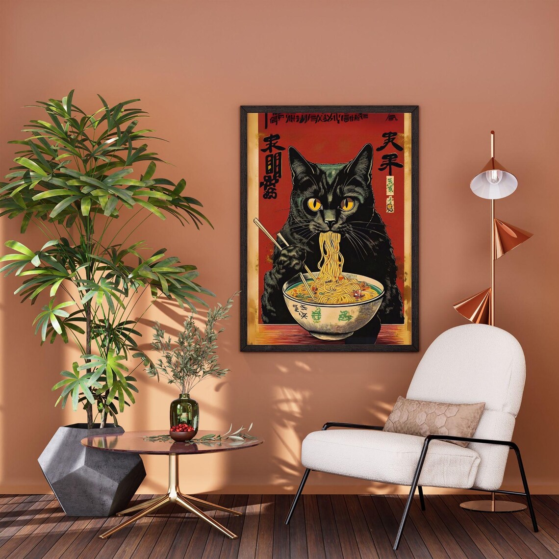 Vintage Cat Eating Ramen, Retro Japanese Poster - Image 3