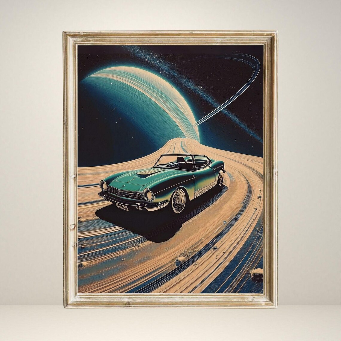 Retro Car Space Poster, Saturn Rings Sci Fi Decor - Image 3