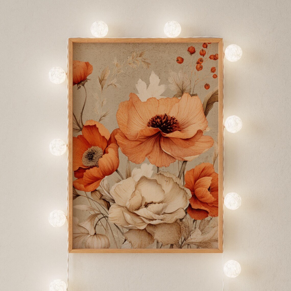Terracotta Poppies Vintage Botanical Fall Floral Garden Poster