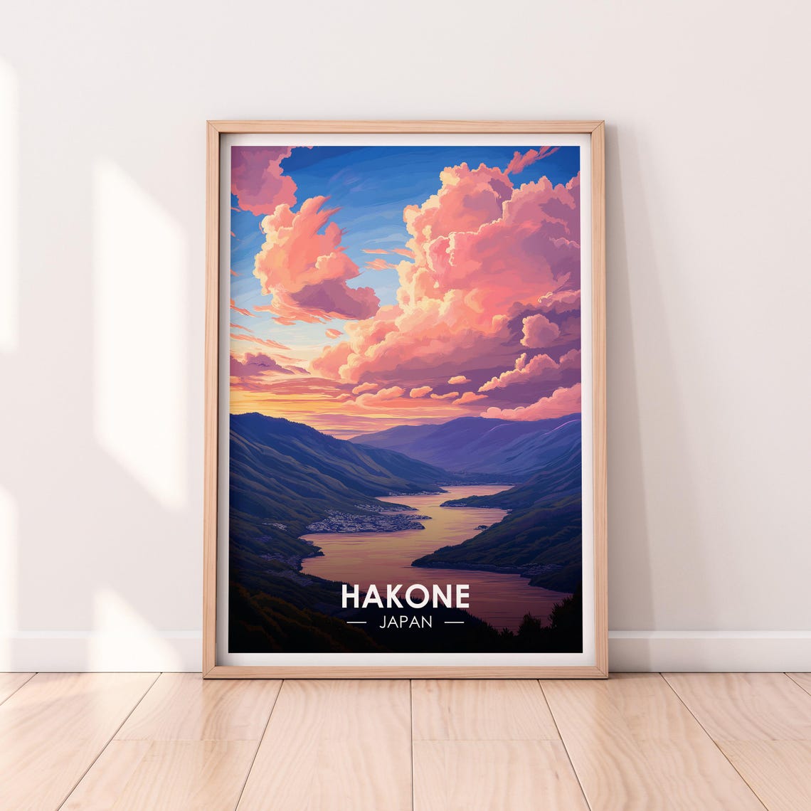 Hakone Japan Mountain Lake Sunset Pink Clouds Calm Scenic Poster