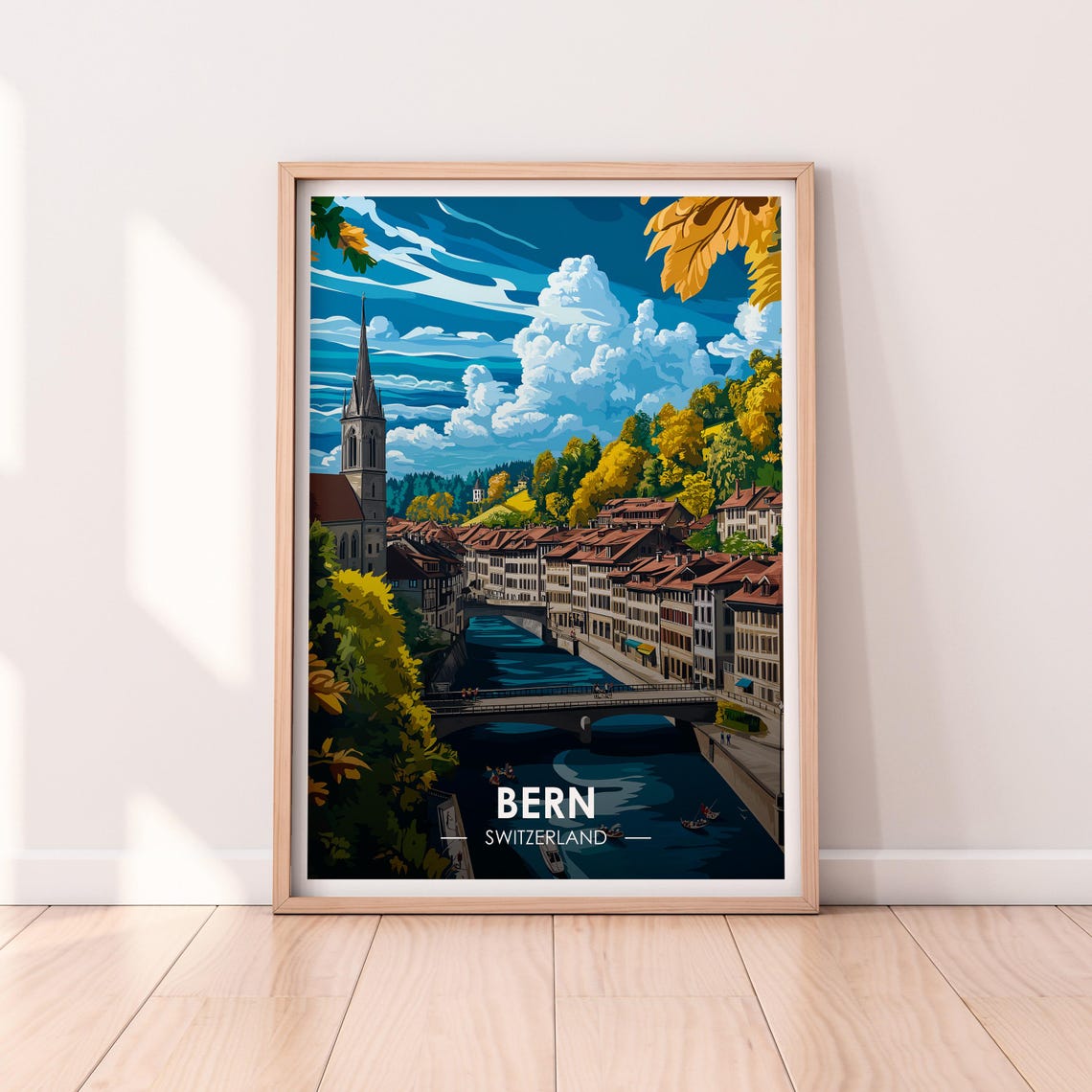 Bern Switzerland Old Town Along River Autumn Trees Travel Poster