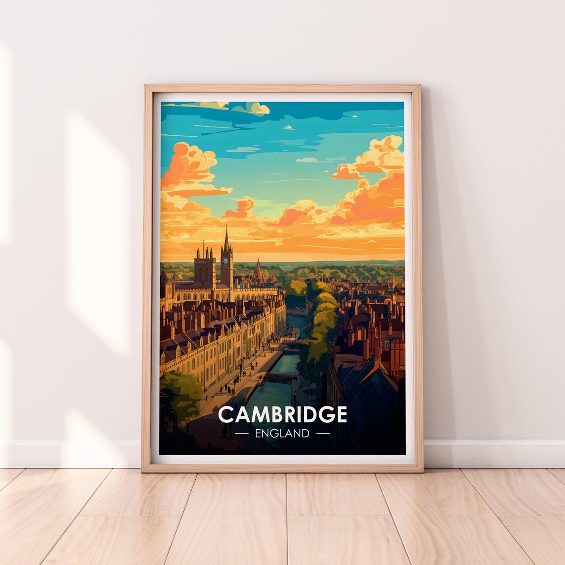 Cambridge England Aerial River Colleges Clock Tower Sunset Poster