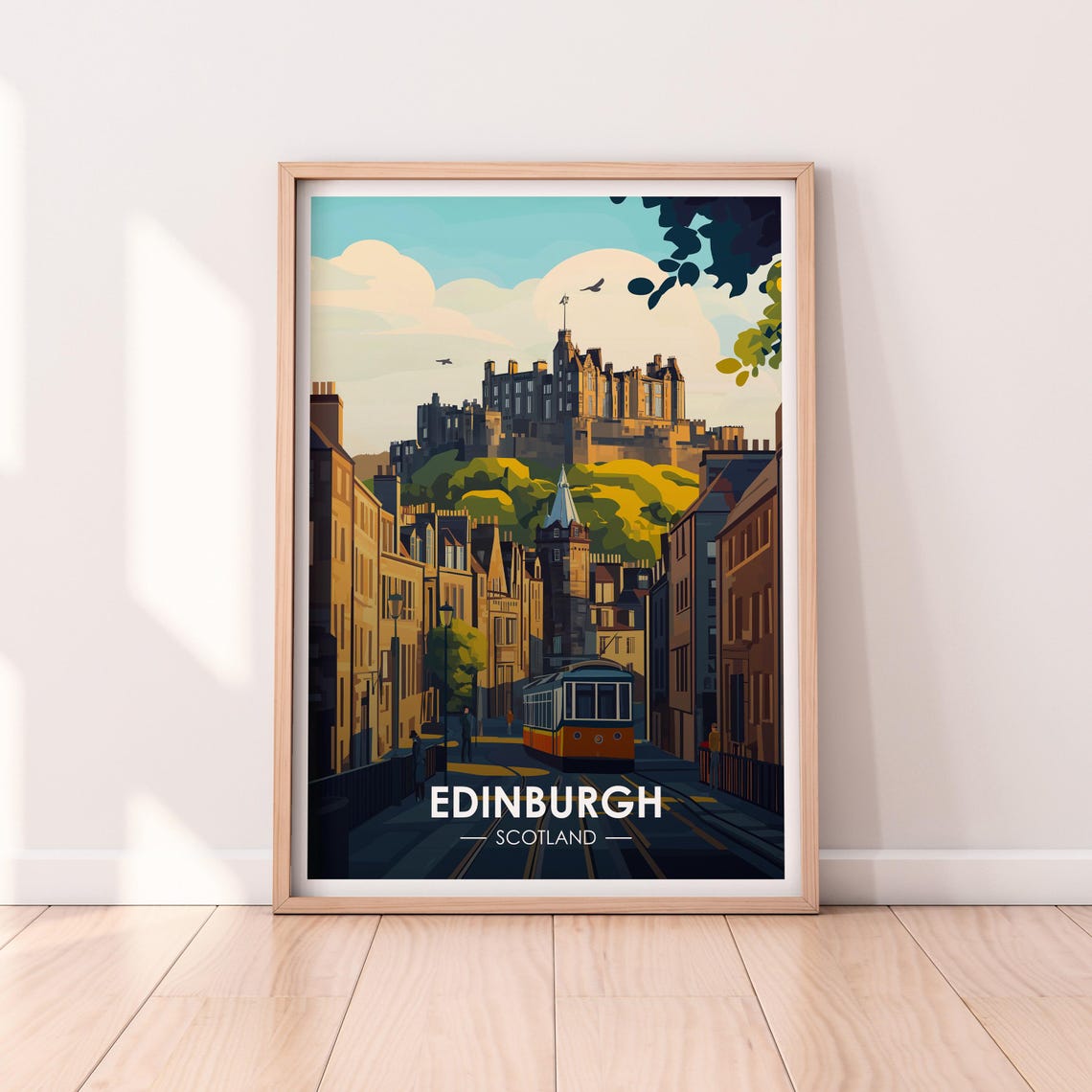 Edinburgh Scotland Castle Above Old Town Street Tram Travel Poster