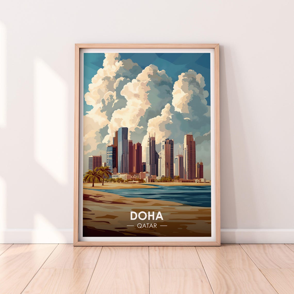 Doha Qatar Skyline Waterfront City Lights Vintage Travel Poster