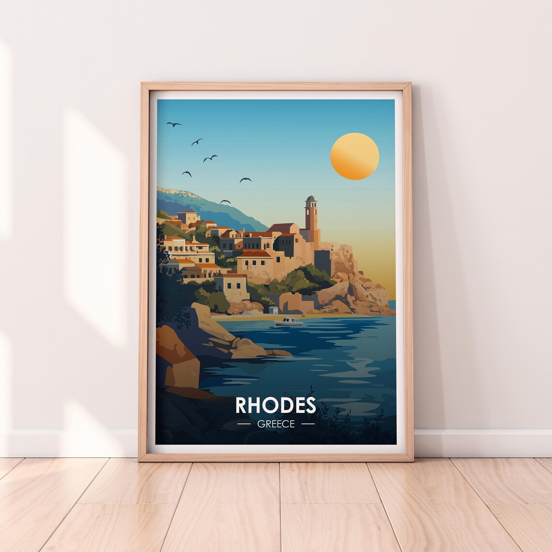 Rhodes Greece Seaside Town Sunset Harbor Vintage Travel Poster