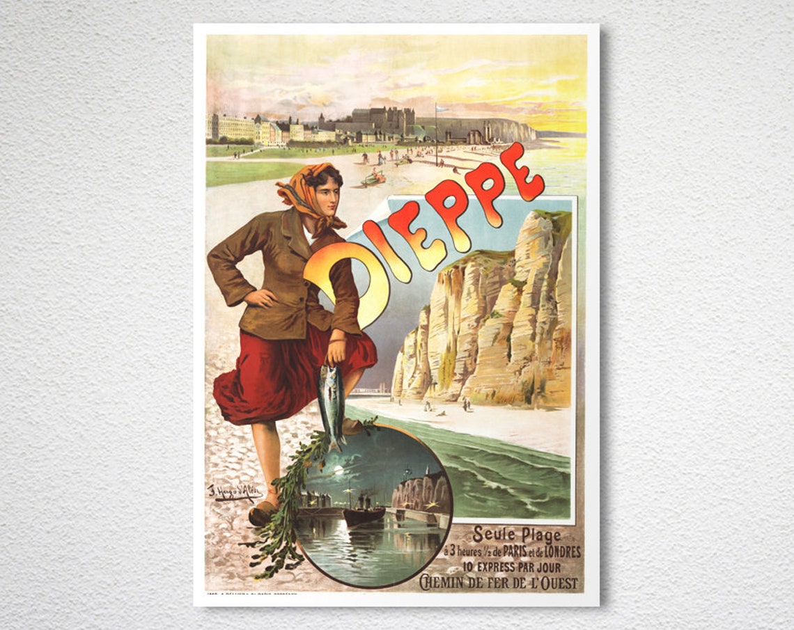 Dieppe Normandy White Cliffs Fisherwoman Railway Travel Poster - Image 2