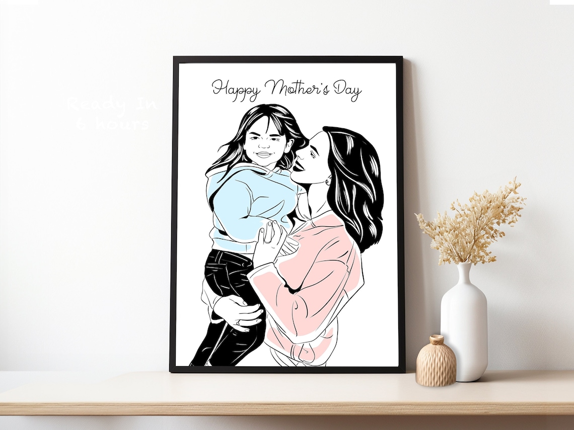 Custom Mother And Child Line Portrait Mothers Day Gift Wall Art