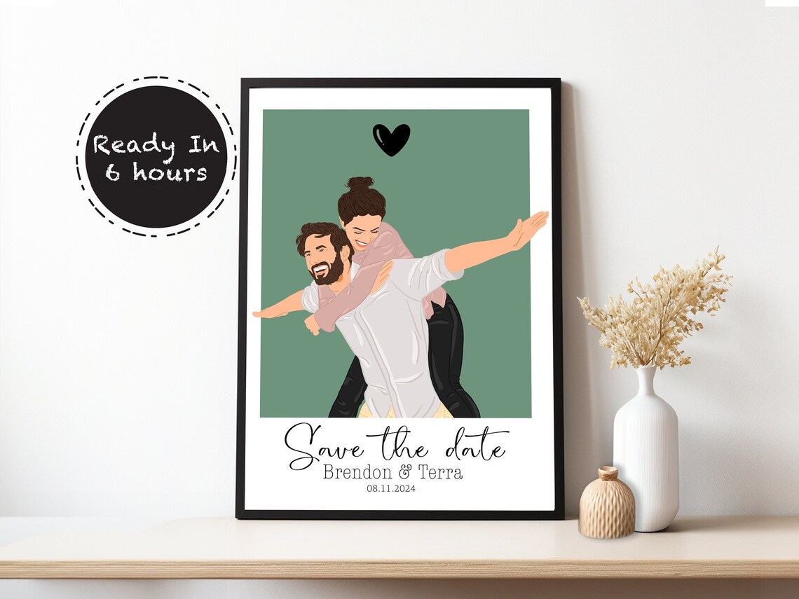 Custom Save The Date Couple Portrait Digital Illustration Wall Art