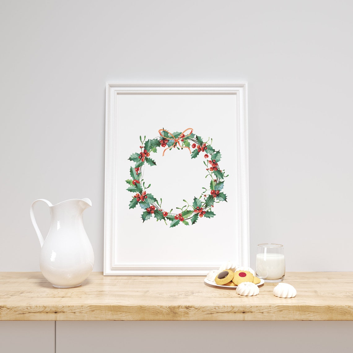 Christmas Holly Berry Wreath Watercolor Holiday Wall Decor Art Print - Image 2