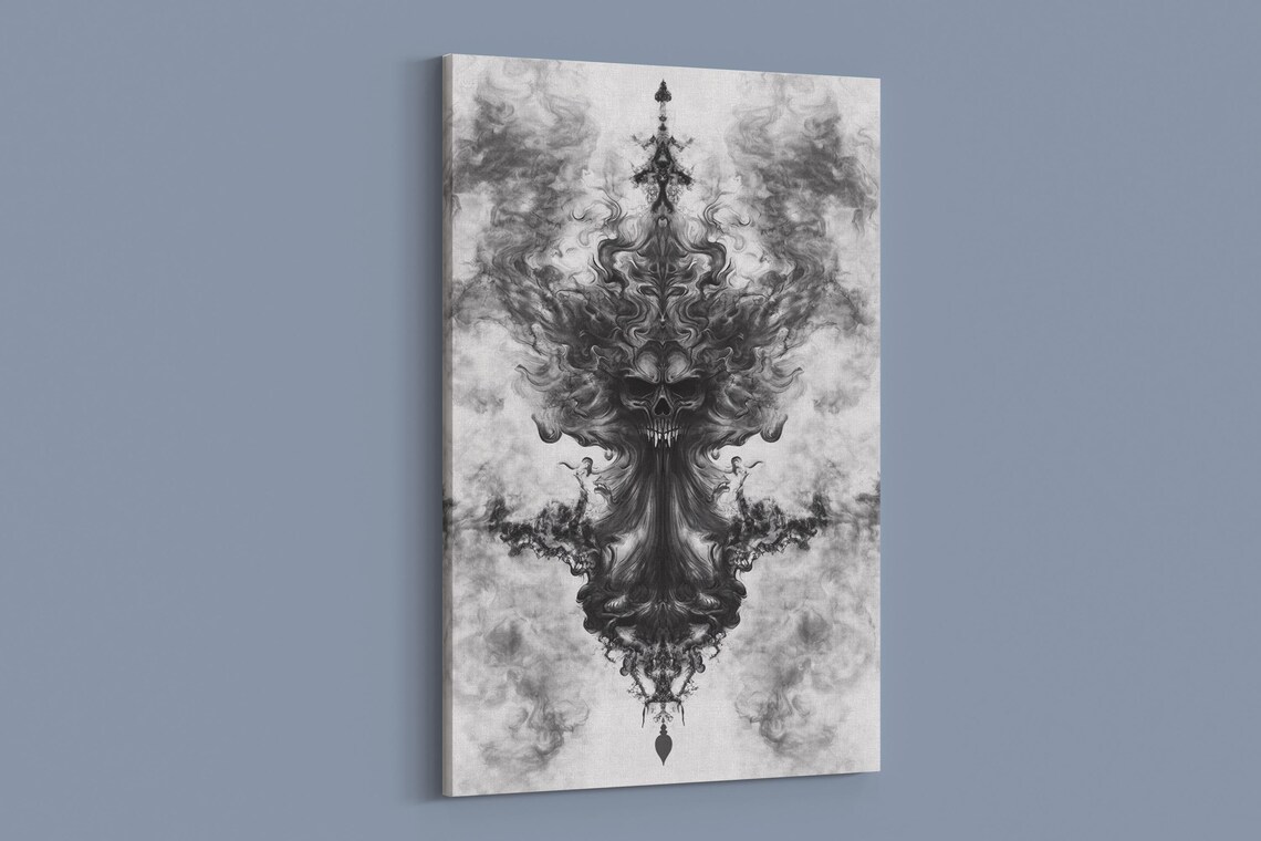 Black Ink Skull Smoke Symmetrical Gothic Dark Abstract Art Poster - Image 2