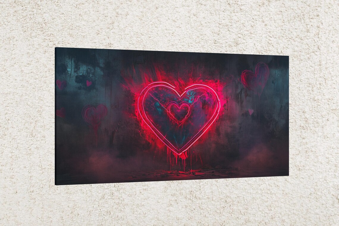 Neon Red Heart Glow Love Dark Smoky Grunge Valentines Art Poster