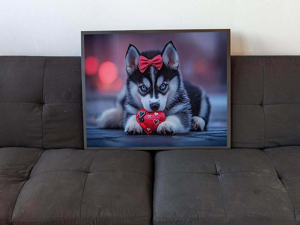 Husky Puppy Blue Eyes Red Bow Holding Heart Valentines Day Art Poster - Image 4