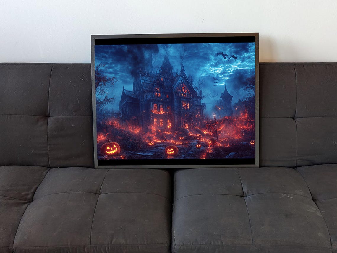 Burning Haunted Mansion Night Jack O Lanterns Halloween Horror Poster - Image 4
