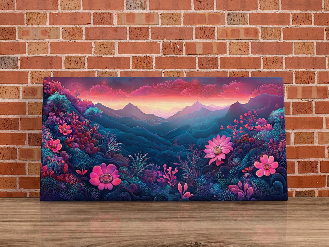 Pink Twilight Blooms Fantasy Valley Mountain Landscape Art Poster