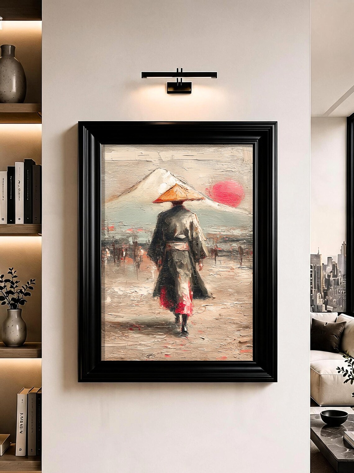 Japanese Samurai Traveler Mount Fuji Red Sun Oil Painting Wall Art