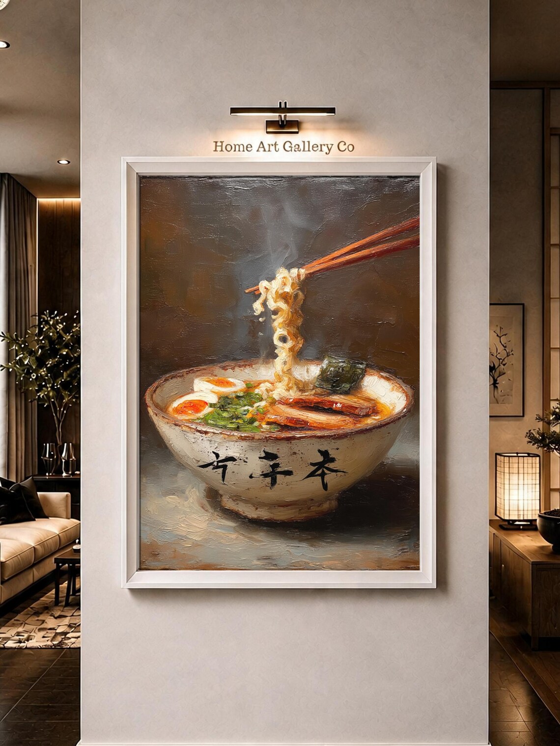Steaming Ramen Bowl Chopsticks Lifting Noodles Japanese Oil Art Poster