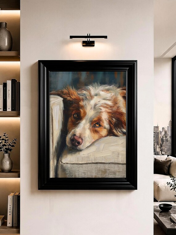 Australian Shepherd Wall Art Resting Dog Portrait Oil Painting Print
