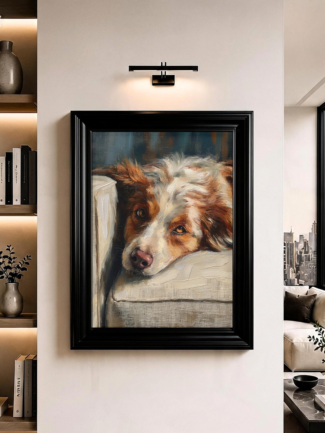 Resting Australian Shepherd Dog Portrait Oil Painting Wall Art
