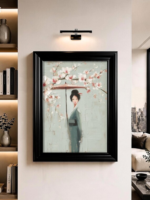 Geisha With Red Parasol Among Cherry Blossom Branches Oil Painting Poster