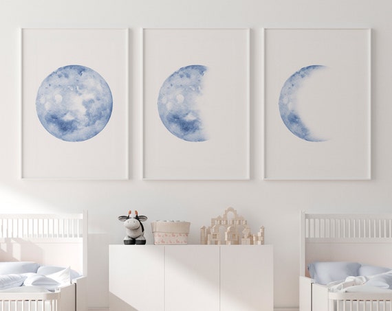 Blue Moon Phase Print, Navy Lunar Phases Nursery Art
