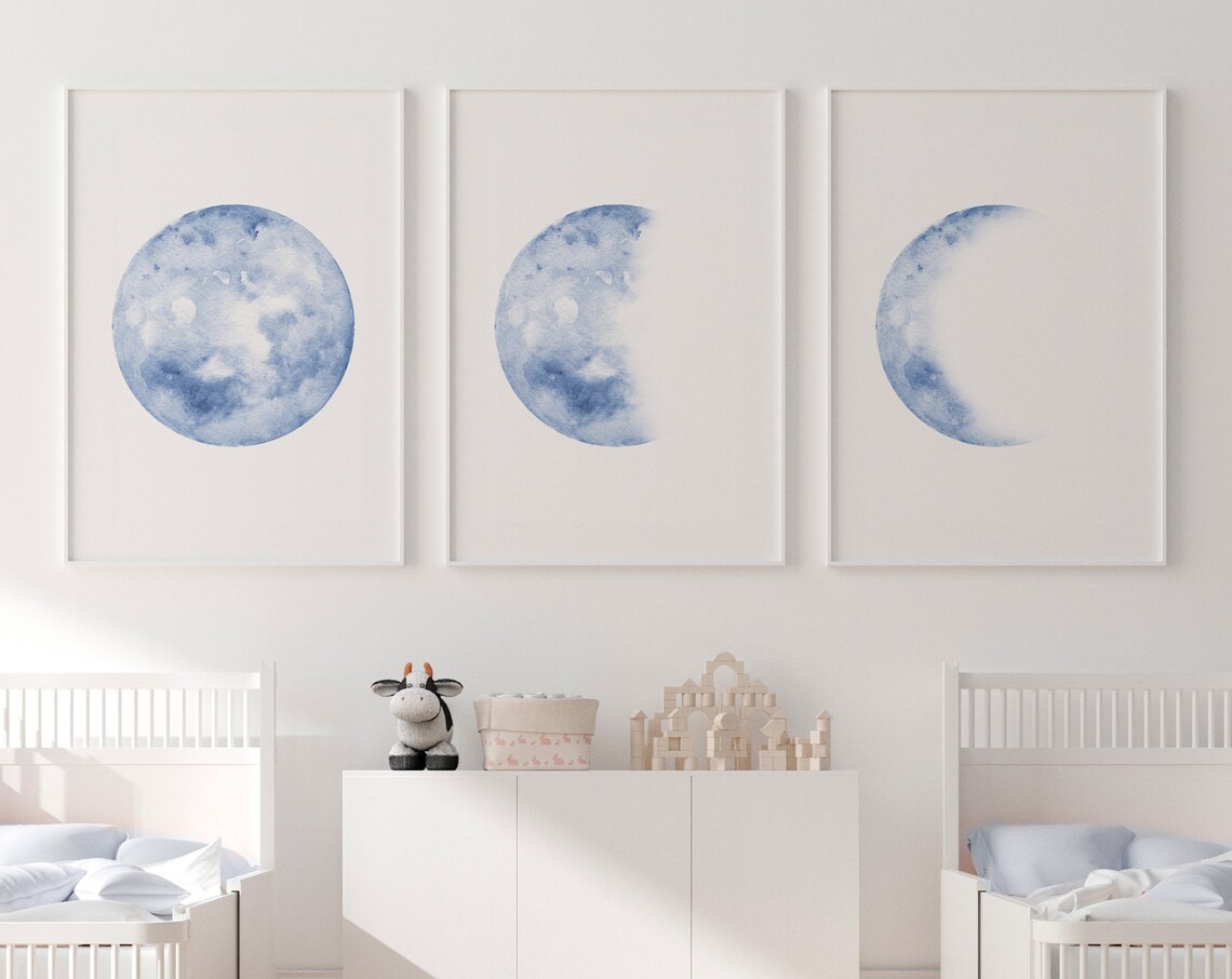 Blue Moon Phase Print, Navy Lunar Phases Nursery Art