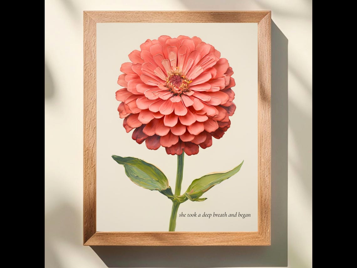 Coral Zinnia Impasto Flower Deep Breath Quote Botanical Poster