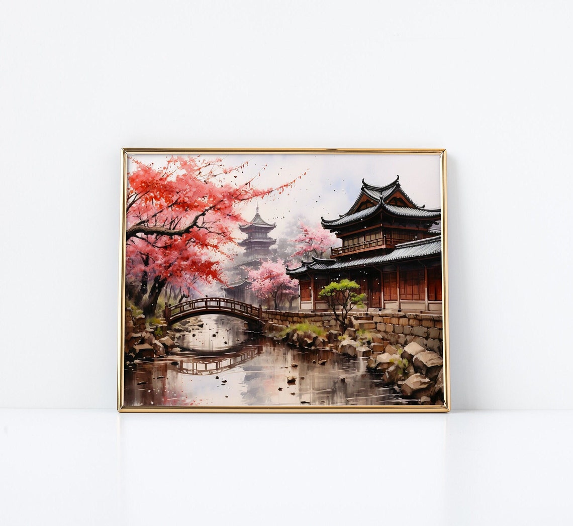 Kyoto Temple With Cherry Blossoms And Bridge Watercolor Art Poster - Image 3