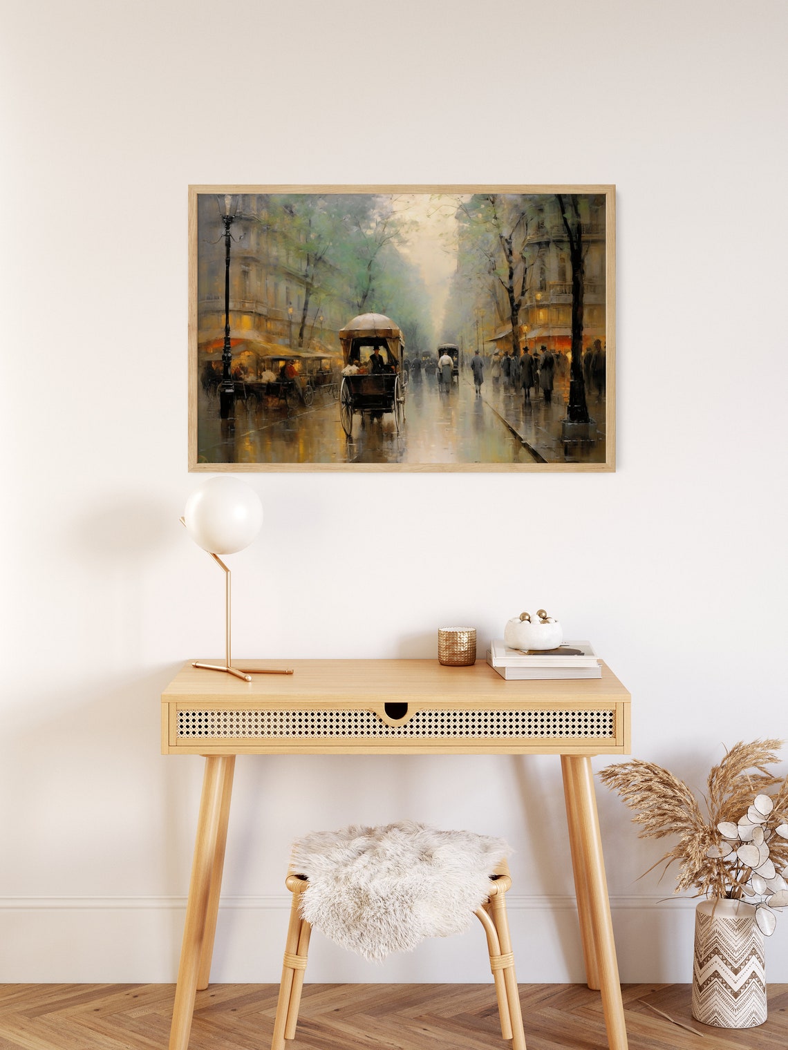 Vintage Paris Boulevard Horse Carriage Rainy Night Oil Poster - Image 2