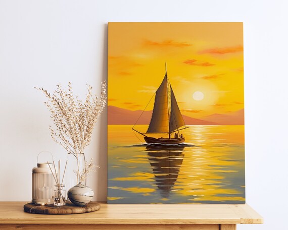 Sailboat Silhouette On Golden Sunset Ocean Seascape Painting Poster