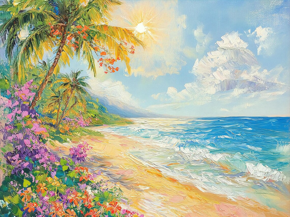 Tropical Beach Palm Trees Flowers Sunny Coast Seascape Poster - Image 3