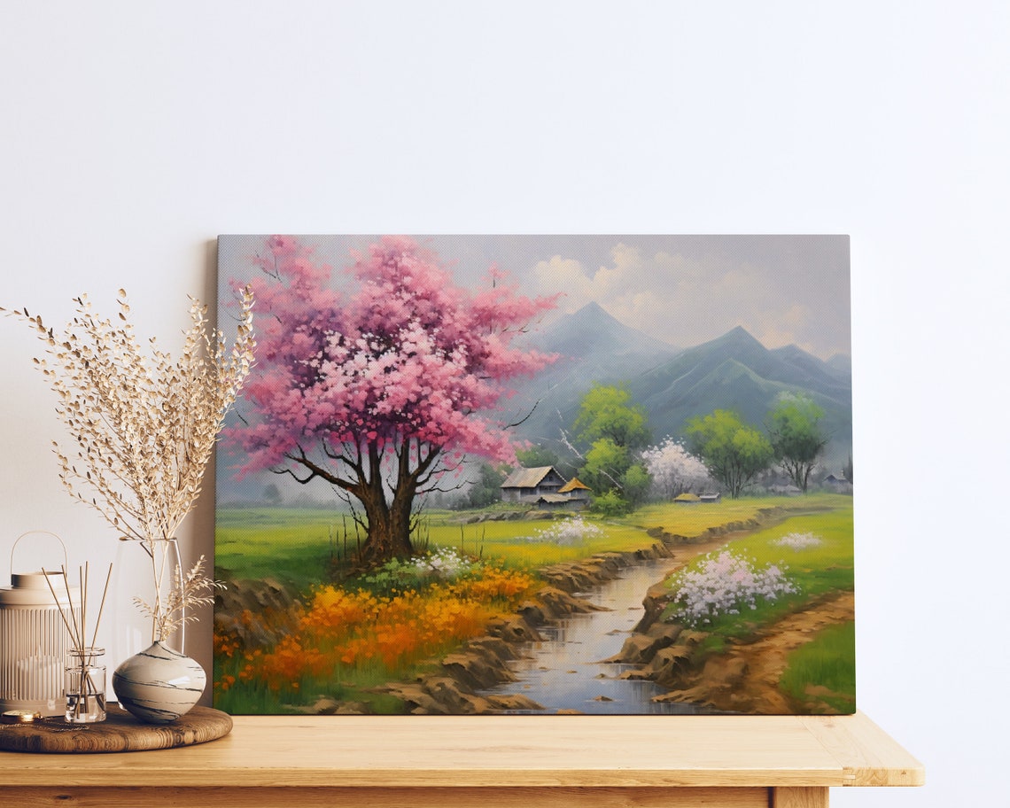 Cherry Blossom Tree Stream Village Spring Mountain Landscape Poster