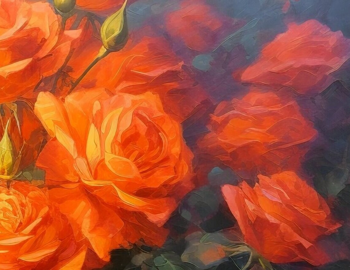 Bright Orange Roses Garden Painting Lush Blooming Rose Bush Poster - Image 3