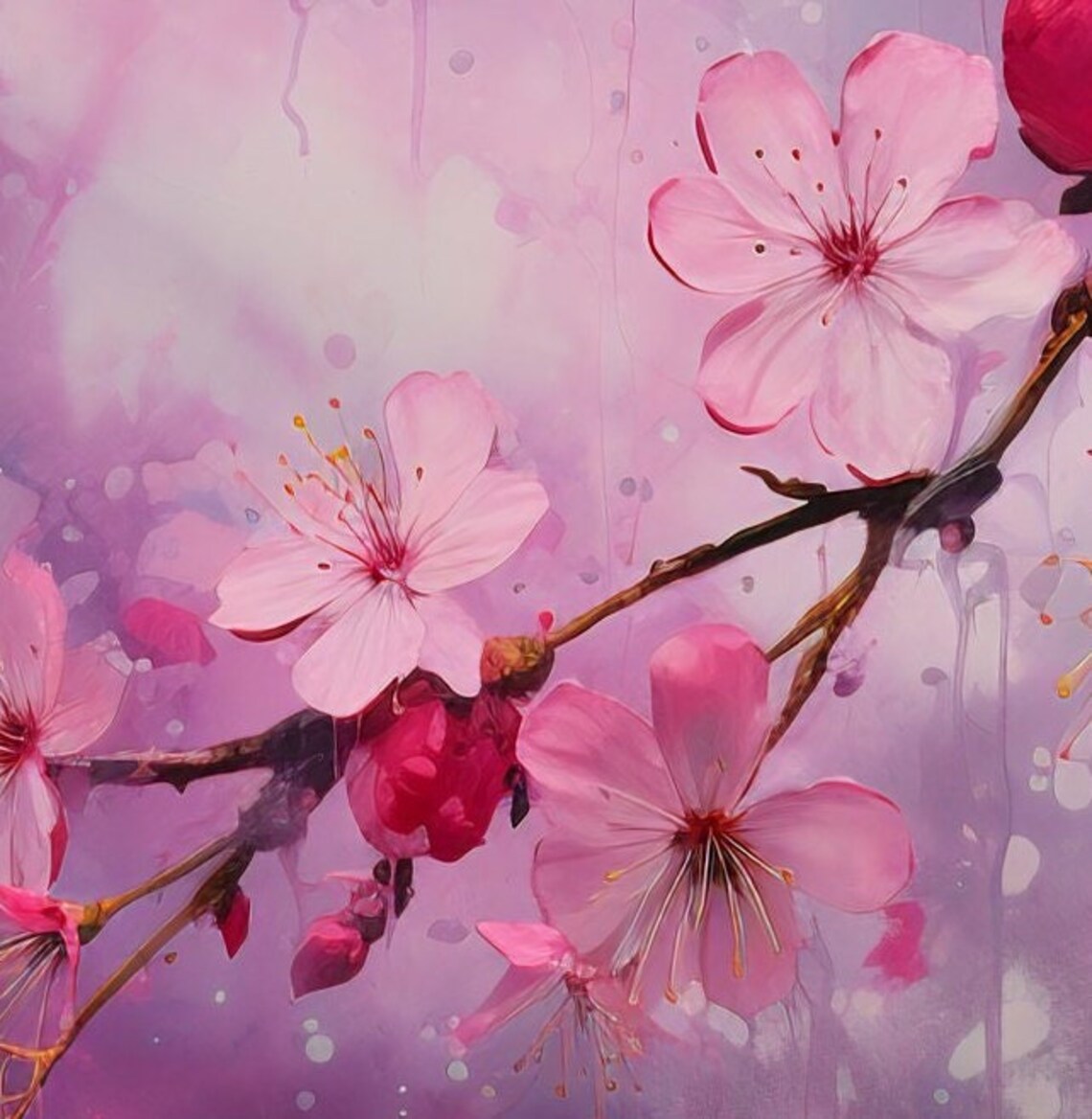 Pink Cherry Blossoms On Dark Magenta Watercolor Floral Art Poster - Image 2