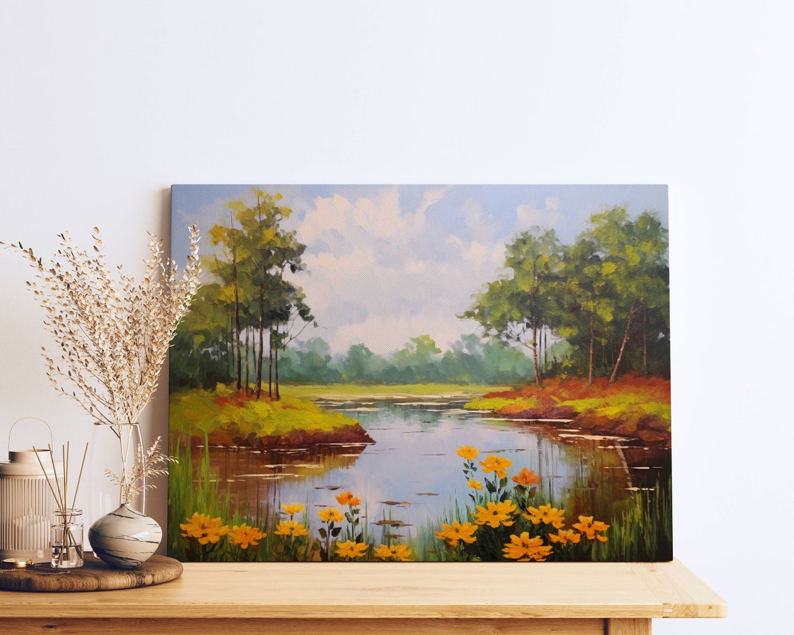 Peaceful Lakeside With Yellow Wildflowers Impressionist Art Poster