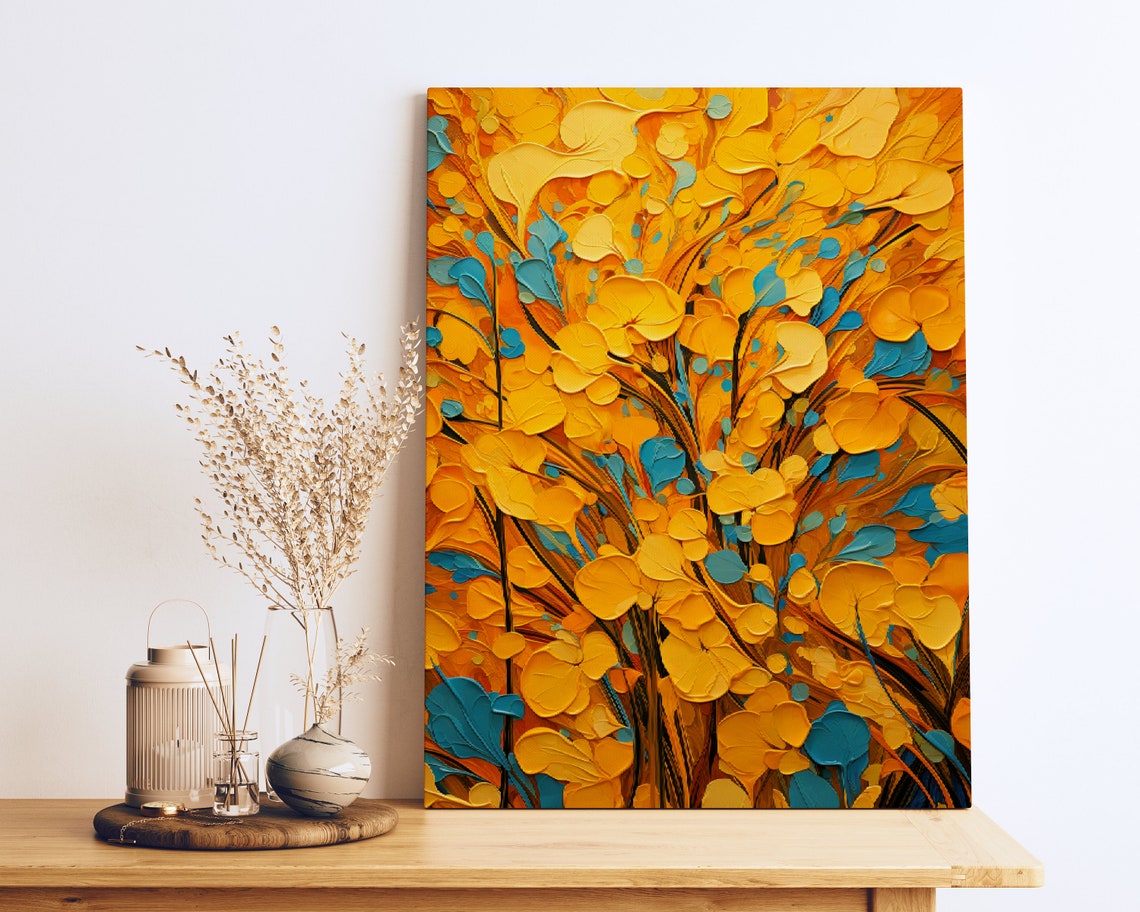 Golden Blossoms With Teal Accents Impasto Abstract Floral Art Poster