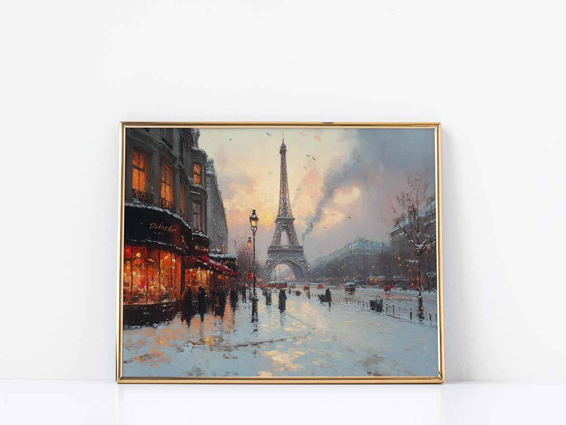 Eiffel Tower Paris Street Cafe Golden Winter Sunset Scene Poster