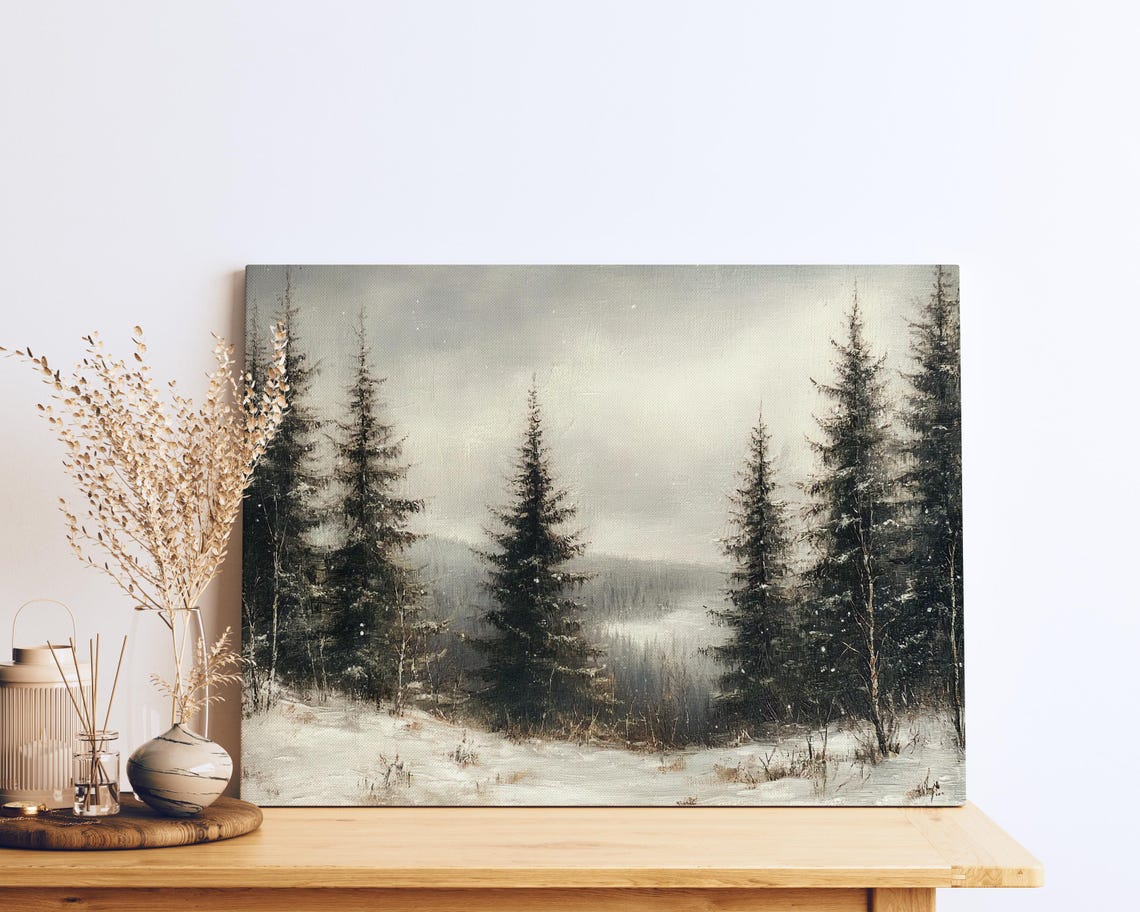 Misty Winter Evergreens Snowy Mountain Valley Landscape Poster - Image 2