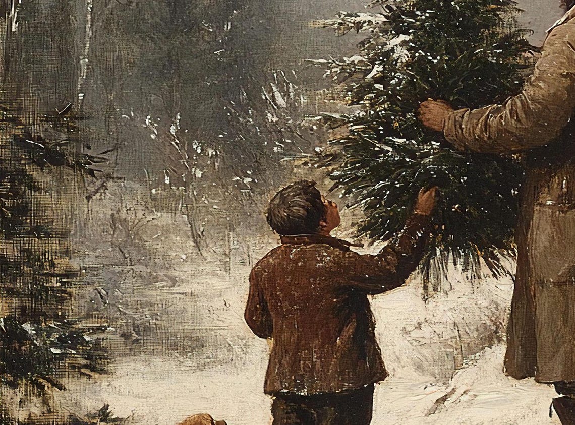 Father Son Christmas Tree Hunt Snowy Forest Vintage Art Poster - Image 3
