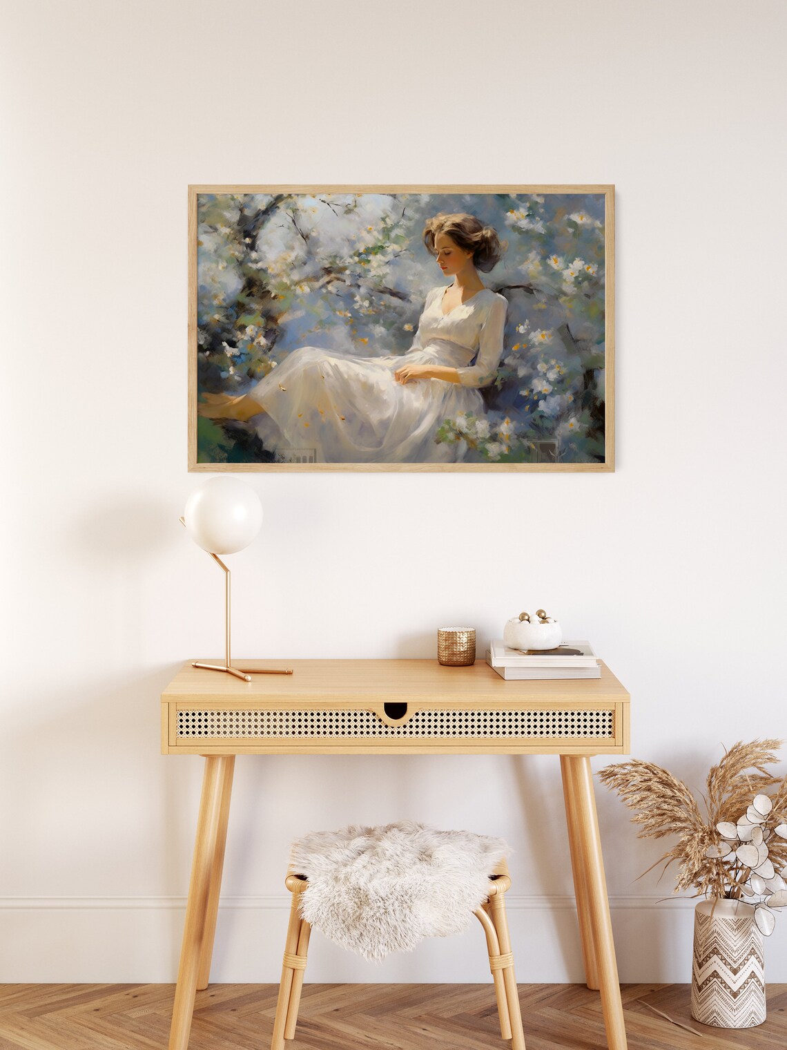 Woman in White Dress Painting Blossoming Trees Garden Poster - Image 2