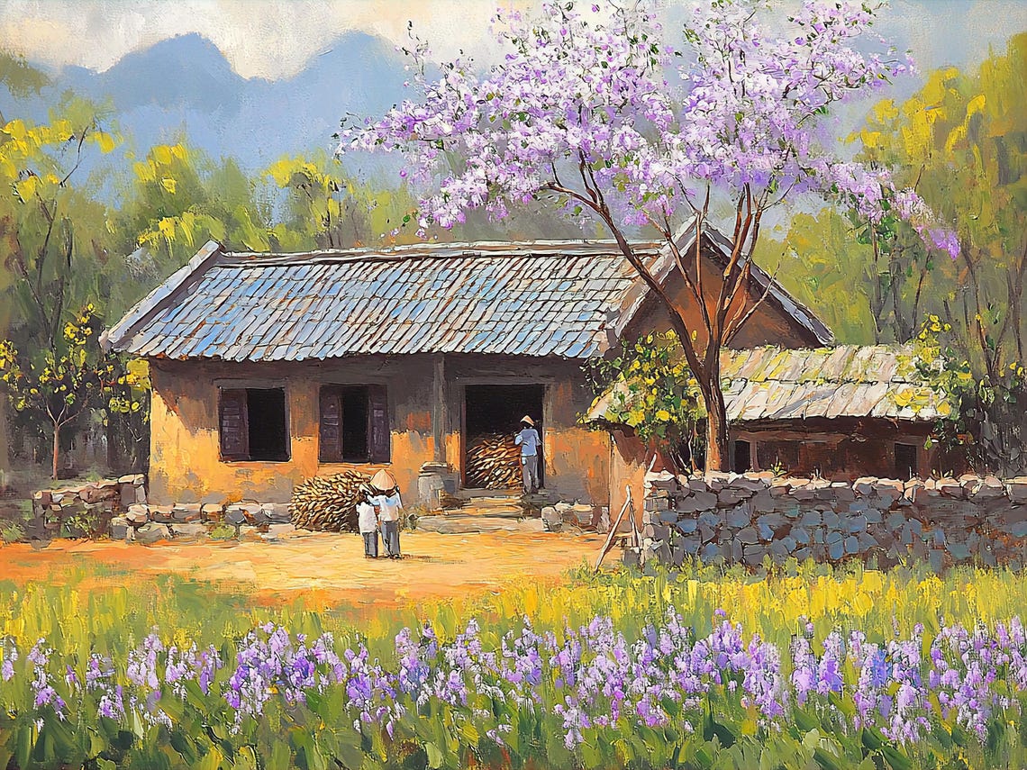 Vietnamese Village Spring Blossoms Farmhouse Oil Painting Poster - Image 2