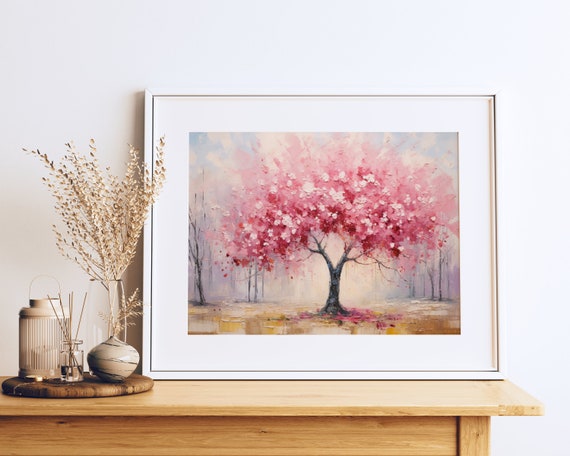 Pink Blossom Tree Jack Whitten Inspired Light Yellow Pink Nature Camouflage Fresco Art Style