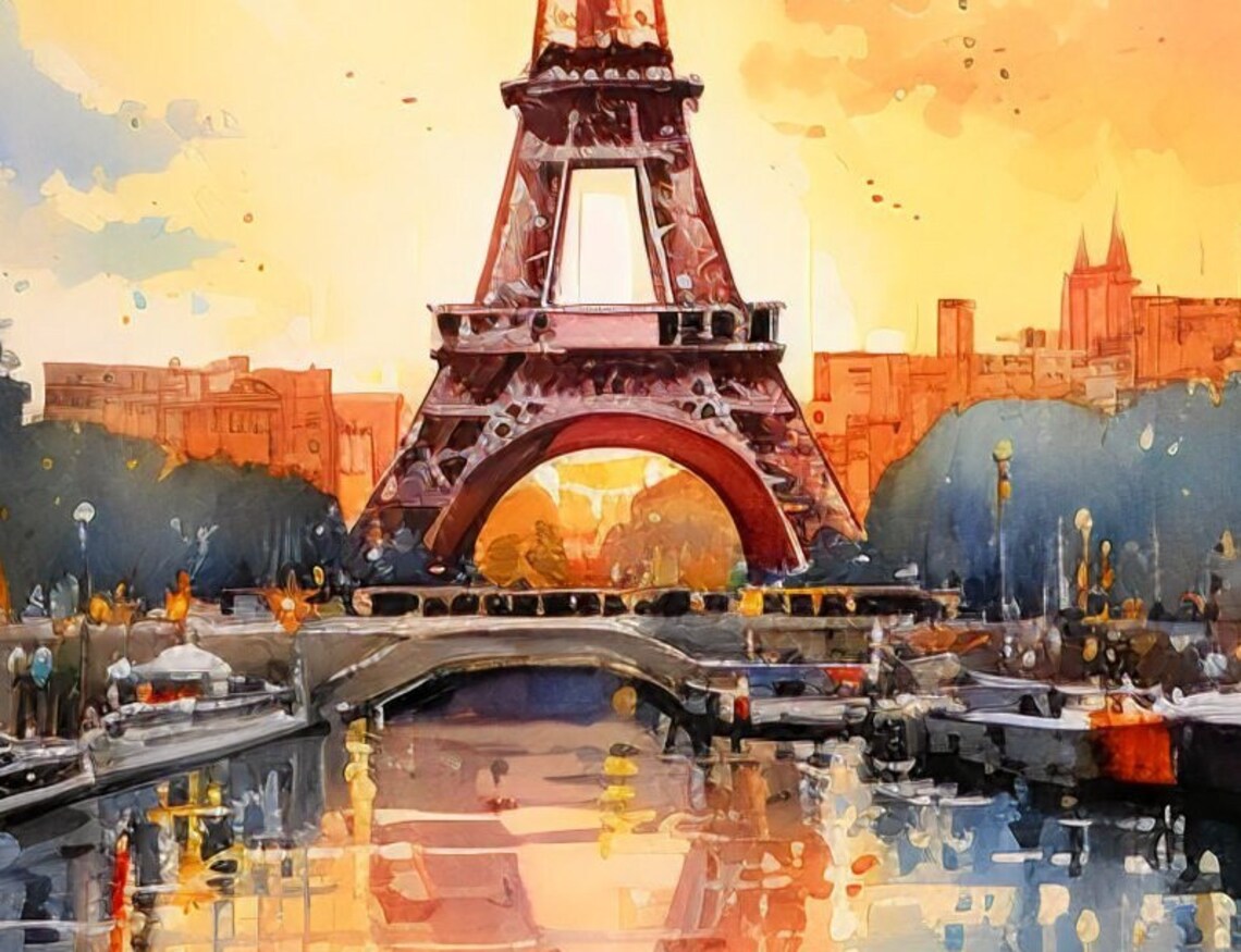 Paris Eiffel Tower Watercolor Cityscape, Romantic - Image 2